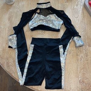 Vintage black sheer sequin set high waist pants crop top cold shoulder s…